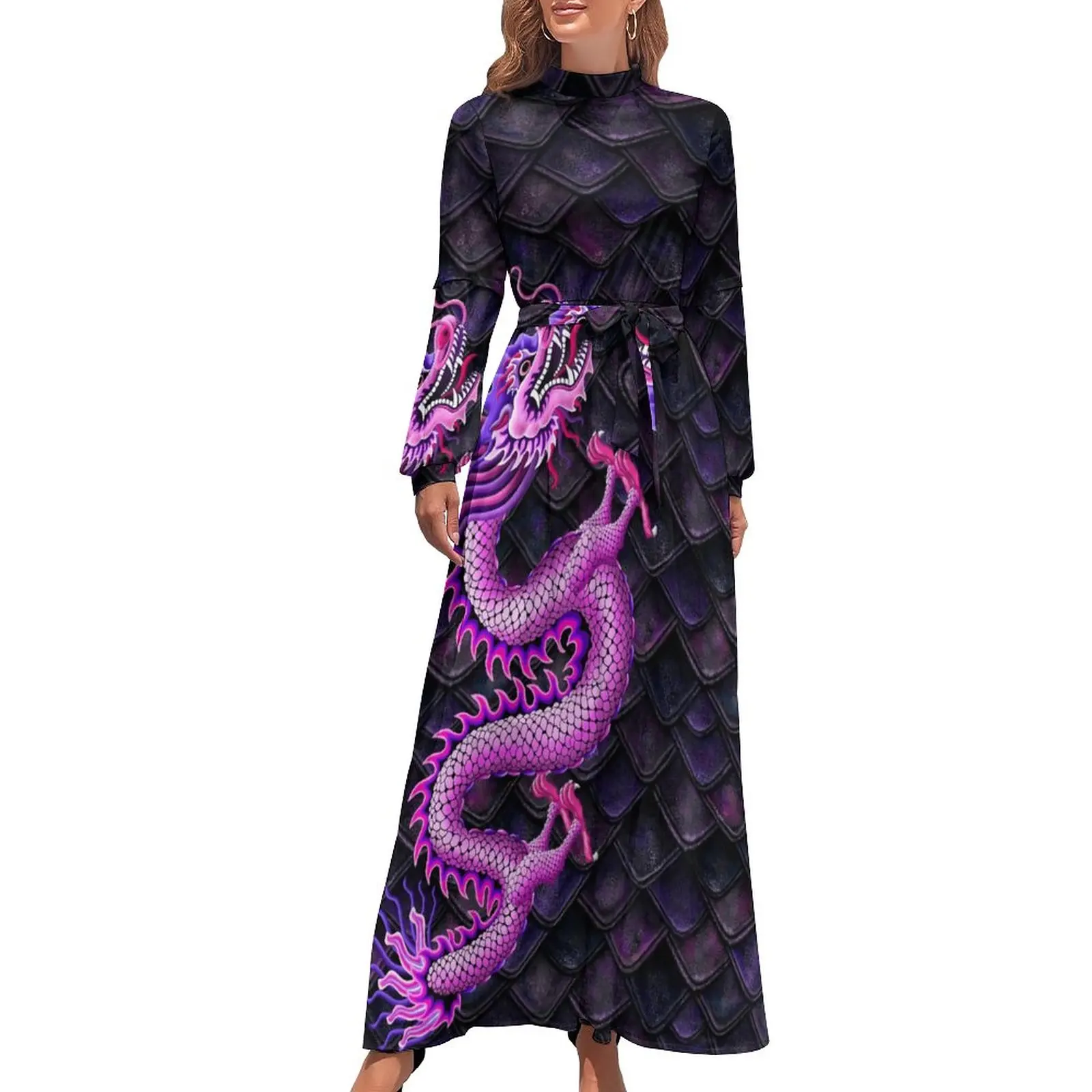 Pink Dragon Dress High Neck Dragon Scales Print Graphic Bohemia Dresses Long Sleeve Street Style Long Maxi Dress Elegant Clothes