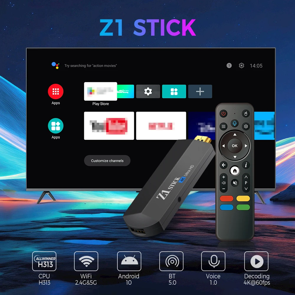กล่องทีวี Z1 gys แอนดรอยด์10.0 ATV พร้อมแอปทีวี4K 3D ทีวี2.4G & 5G อุปกรณ์ช่วยควบคุมด้วยเสียงกล่องสมาร์ททีวีควบคุมบนกล่องตัวรับทีวี