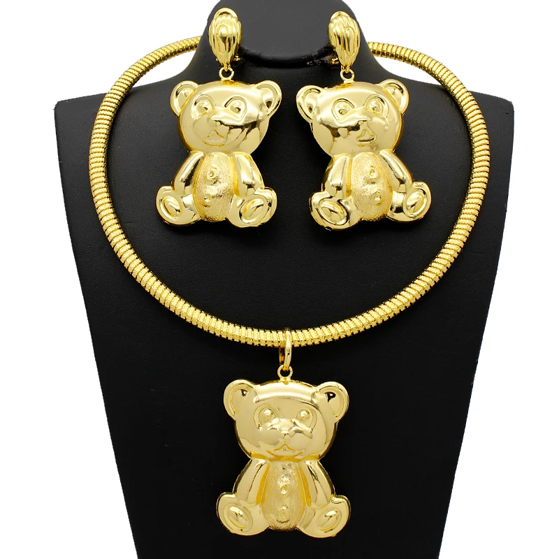 Necklace Teddy Bear Drop Earrings XL Size Pendant Women Gold Plated Bridal Wedding Jewelry Set Wholesale Copper Bijoux Gifts