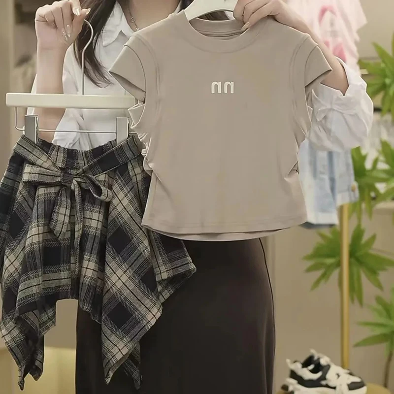 Summer Girls Clothing Set Solid Color Sleeveless T-shirt+Plaid Irregular Skirt 2Pcs Suit For 5-14 Years Teen Kids Fashion Outfit