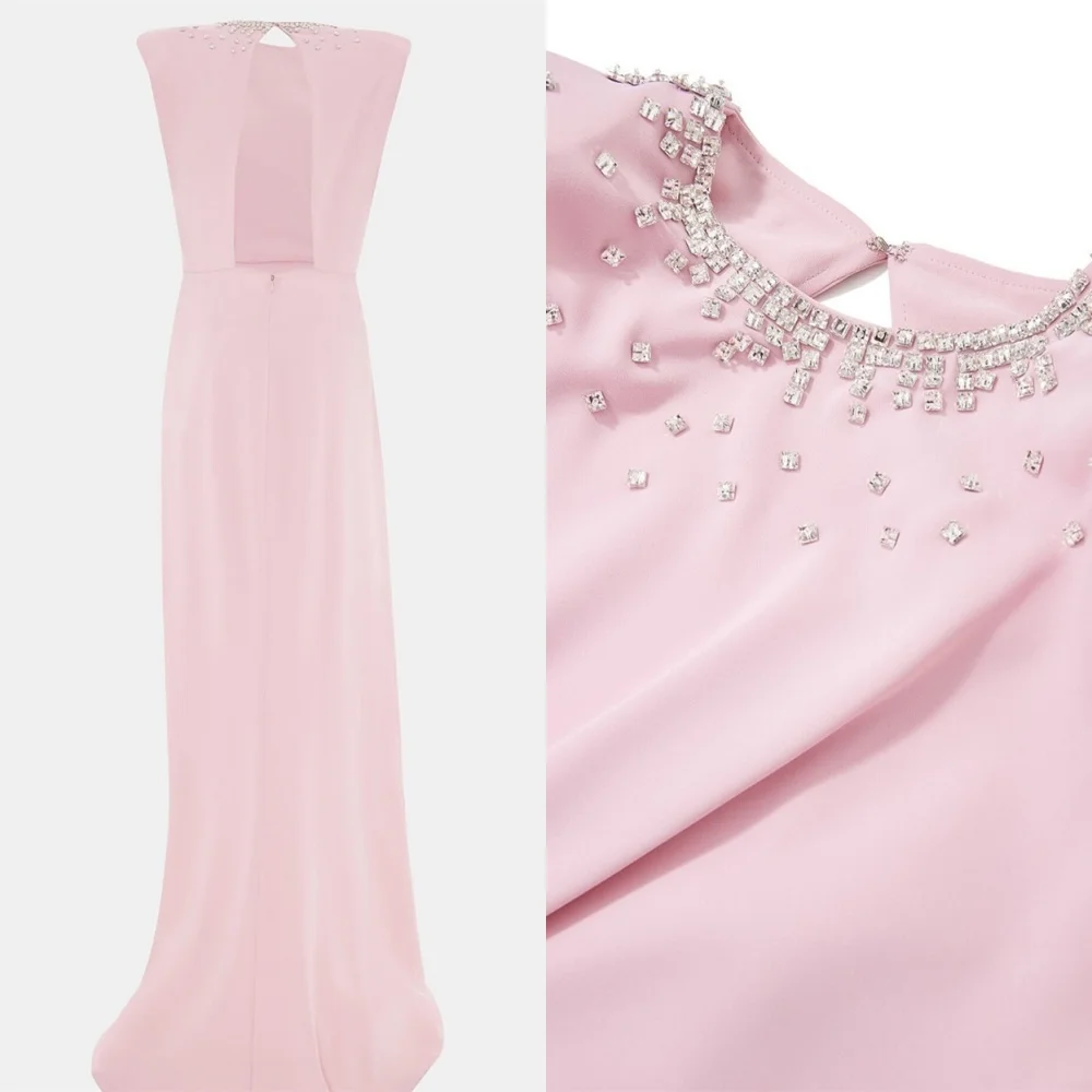 Customized Exquisite Pink Jersey Evening Dress Temperament Crew Neck Cap Sleeve Sleeveless Crystal Bespoke Occasion G