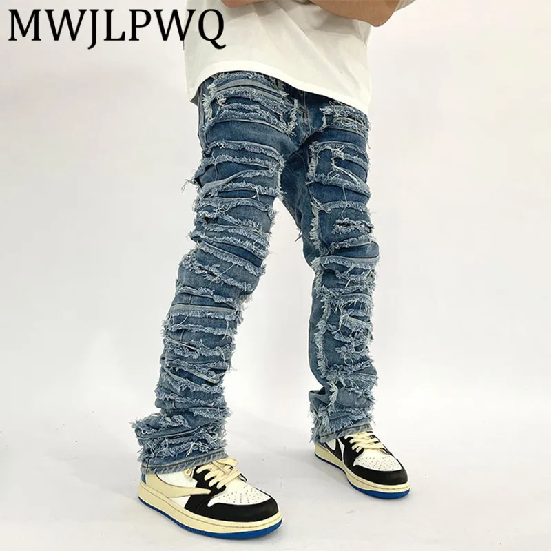 

MWJLPWQ Street INS Washed New American Style Rough Edge Jeans Men's Vintage Hole Streetwear Slim Fit Straight Long Pants 11824