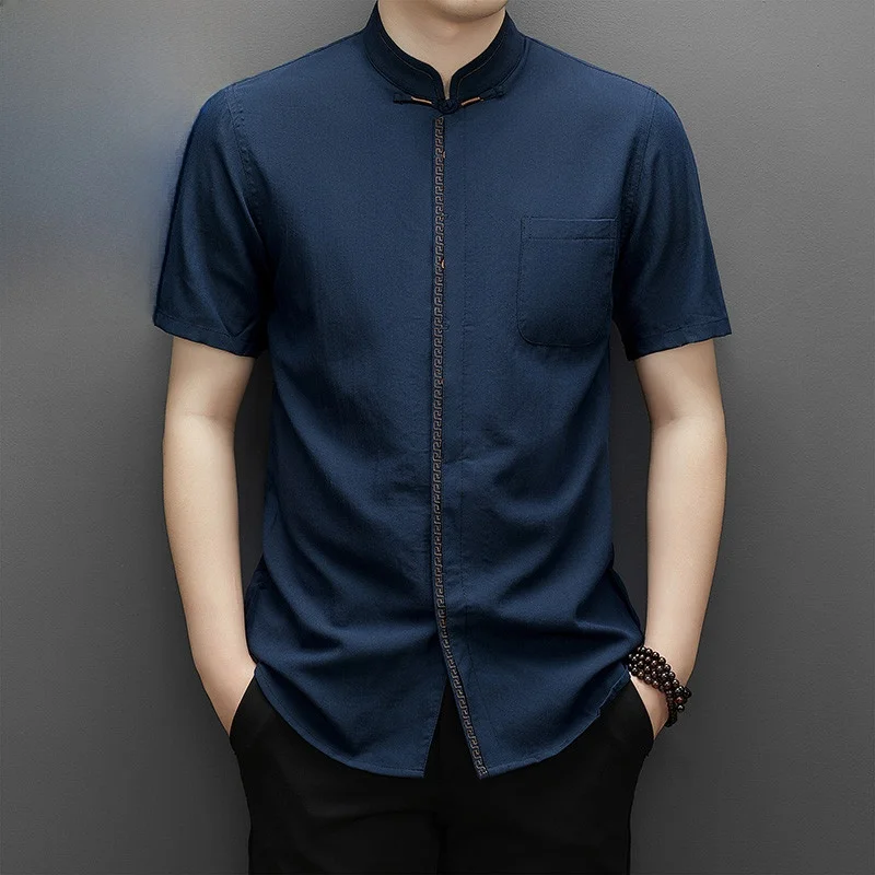 

Мужская рубашка свободного кроя с коротким рукавом, воротником-стойкой на пуговицах, летняя повседневная хлопковая рубашка в винтажном стиле с кубинским воротником