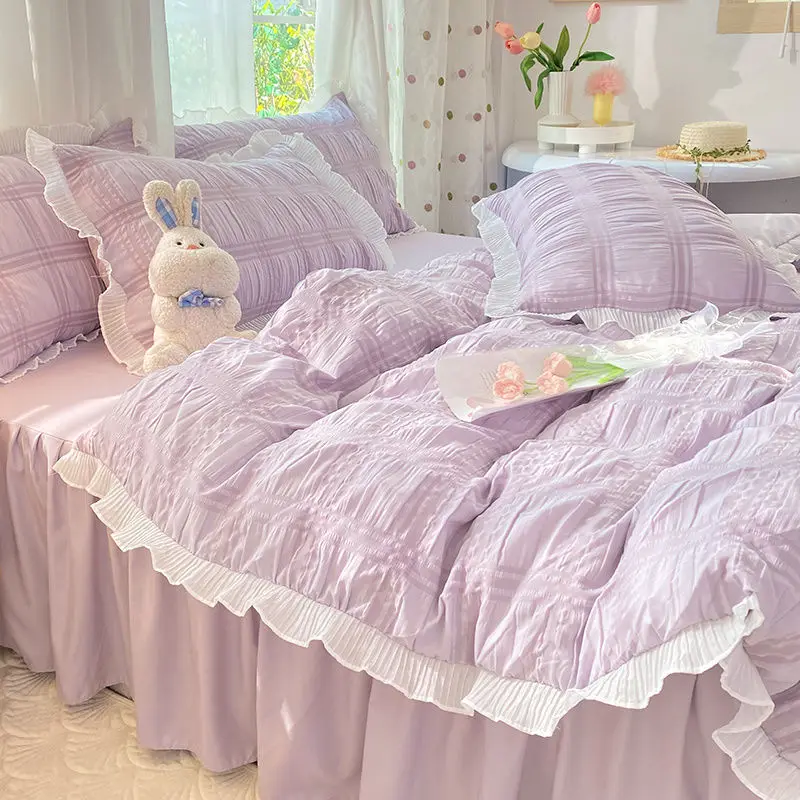 Princess Bedding Set Solid Color Double Bed Sheet Quilt Cover Pillowcase Girls Dormitory Room Cotton Bed Skirt Comforter Sets