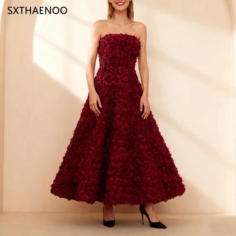 SXTHAENOO مثير حمالة ثلاثية الأبعاد زهرة الزهور فستان طويل المرأة بورجوندي بلا أكمام عارية الذراعين الأزهار ألف خط فساتين السهرة حفلة