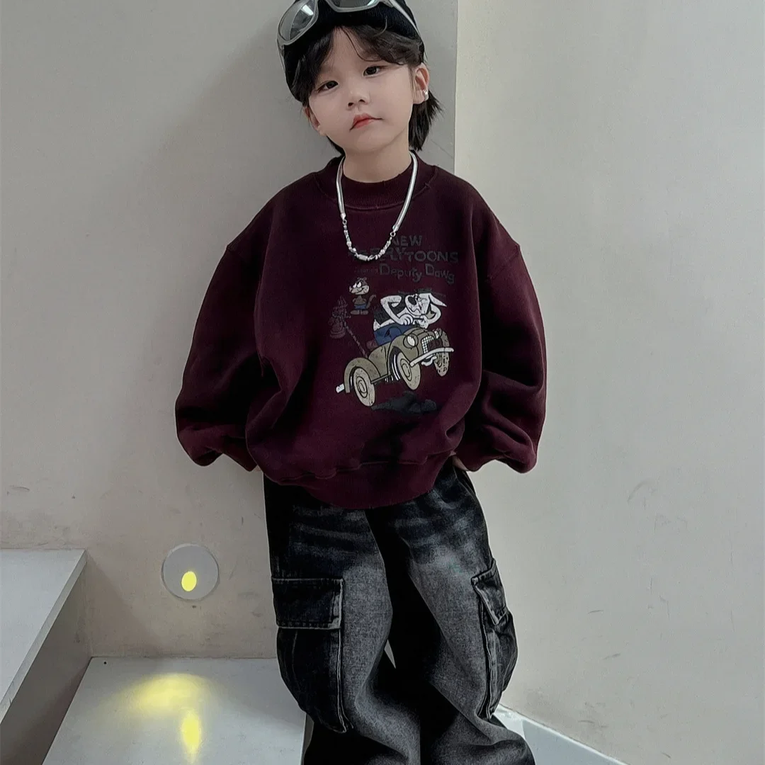 Children Clothing Cartoon Printed All Match Comfortable Hoodie 2024 Winter New Boys and Girls Fleece Thickened Loose Top