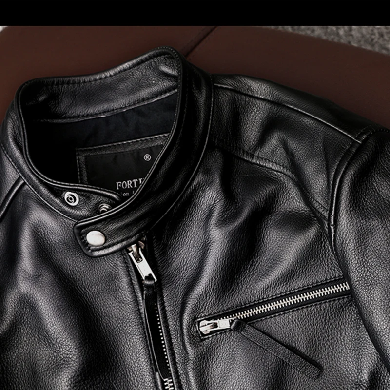 Jaqueta de couro genuíno masculina, gola alta, pura, camada superior, couro macio, slim-fit, na moda, nova