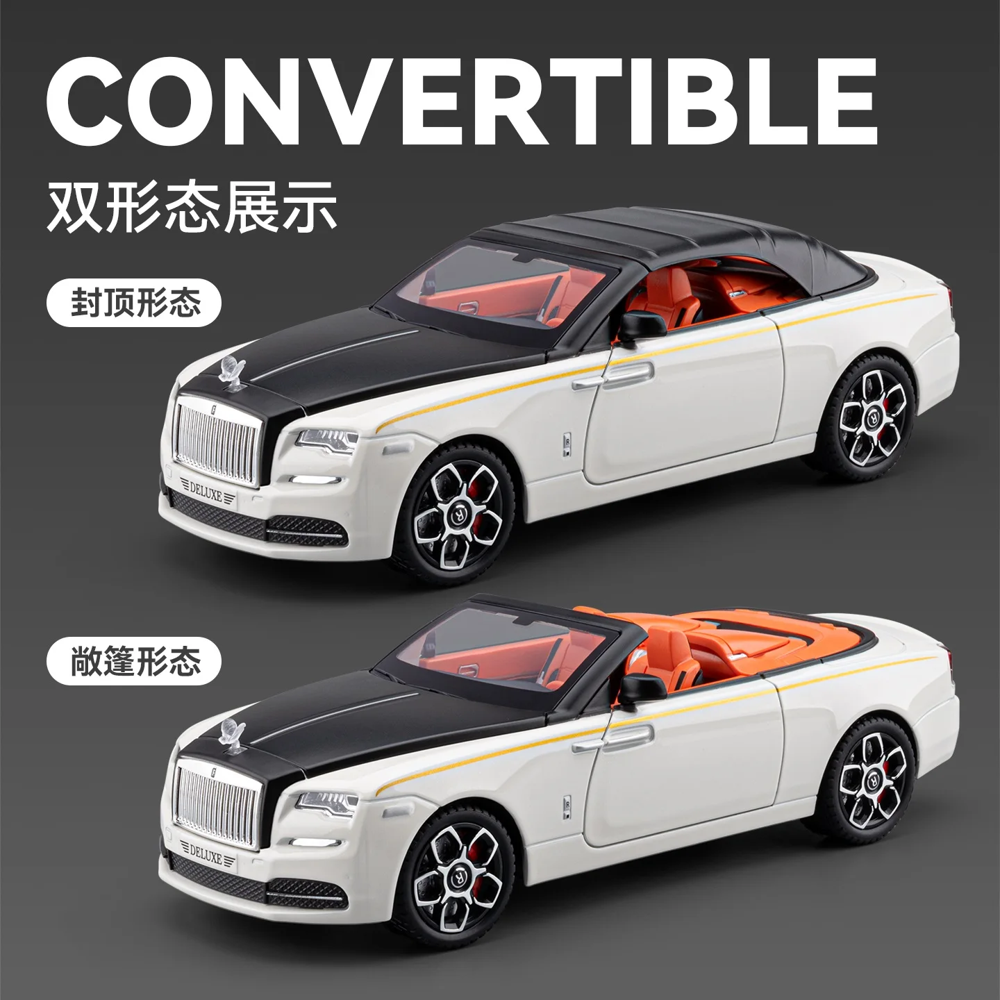 KMM Brand 1:24 Luxury Convertible Car Simulation Alloy Model, Sound&Light, Pull Back Function, Collectible Toy Gift for Boys