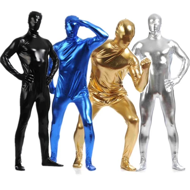 Uomo Zentai spandex suit nero lucido metallizzato collant pelle costumi per tutto il corpo unitard custom skin body performance sul palco
