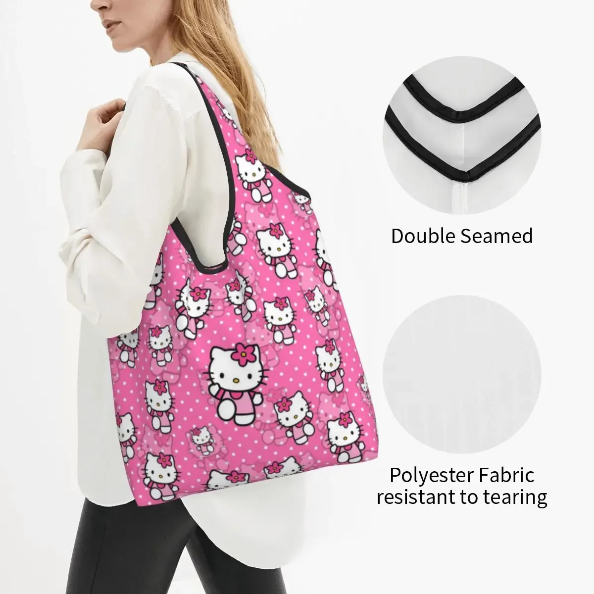 Reusable Kawaii Sanrio HelloKitty Cartoon Shopping Bag for Groceries Foldable Grocery Bags Washable Large Tote Bags