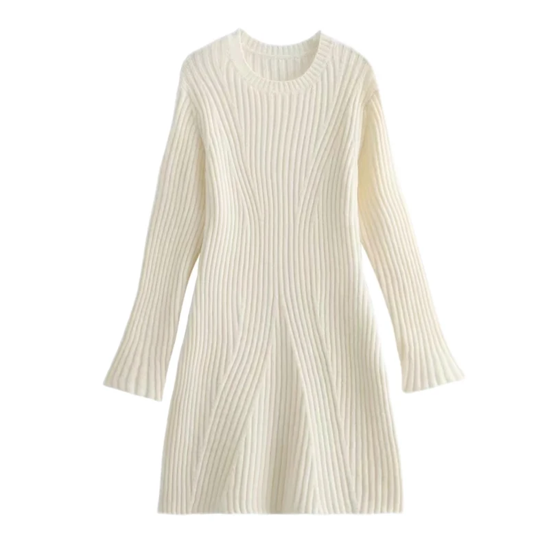 YENKYE Seksowna damska sukienka mini z długim rękawem, okrągłym dekoltem, gładka, jesienno-zimowa, swetrowa