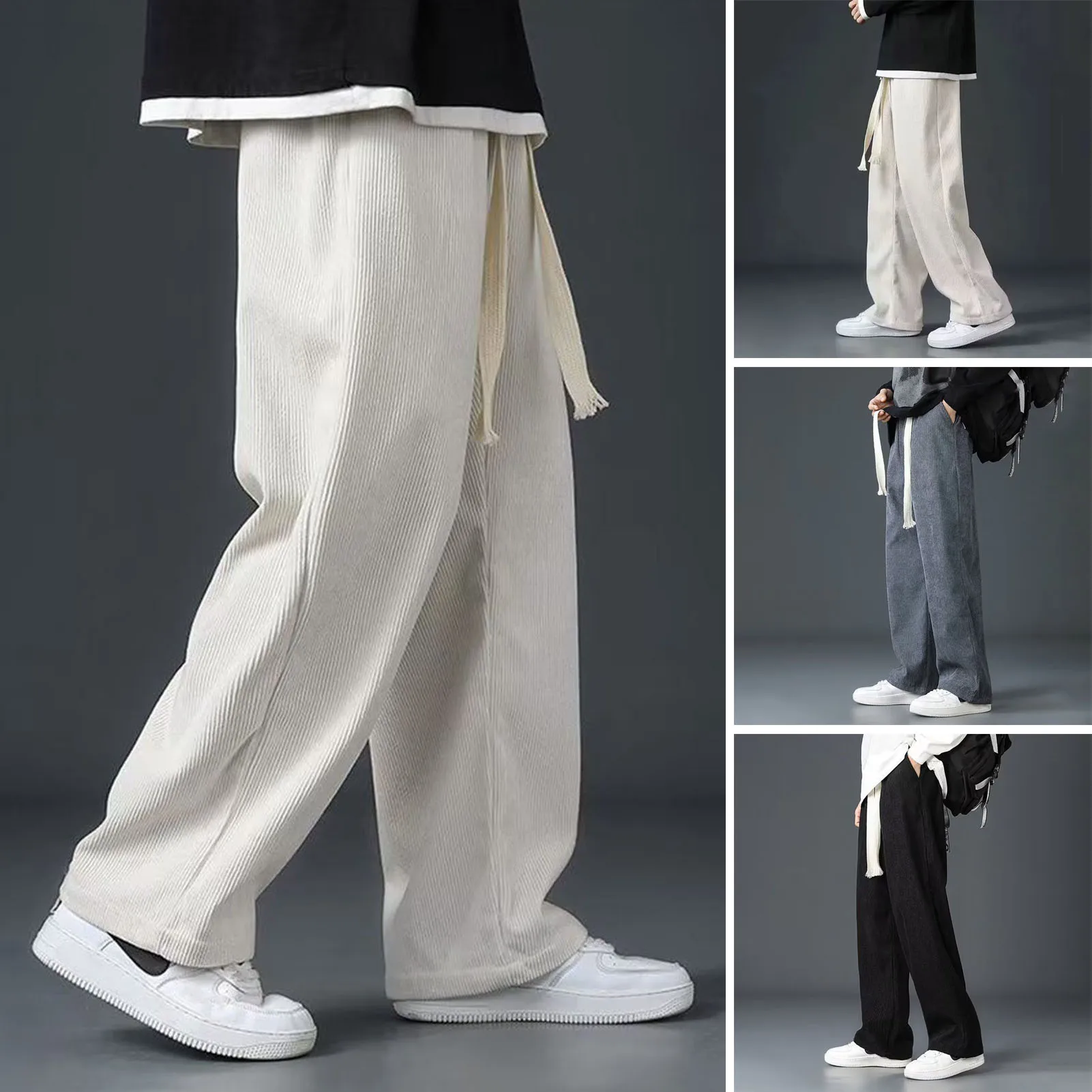 Daily Trousers Men's Drawstring Cargo Pants with Elastic Waist Pockets Loose Fit Straight Leg Sport Trousers for Daily Wear