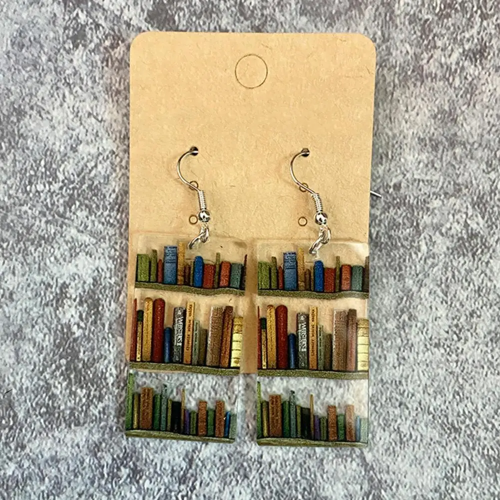 Double-sided Print Earrings Book Themed Acrylic Earrings Waterdrop Rectangle Shapes Teacher Book Lover Gifts with Book Shelves