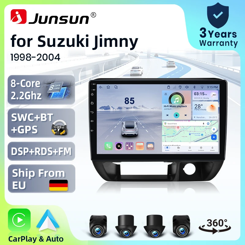 Systèmes stéréo intelligents Android 15 Junsun 9 pouces pour Suzuki Jimny 1998-2004, caméra 360°, autoradio, CarPlay sans fil, commande vocale IA, écran tactile IPS, lecteur multimédia intelligent, unité principale 2 Din, GPS, Mirror Link, Bluetooth, 4G, WIFI, RDS, DSP, FM, DAB