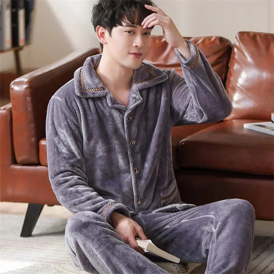 New Coral Fleece Thicken Pajamas Set for Men Winter Warm Velvet Homewear Casual Soft Sleepwear Nightwear Male Warm Home Clothes