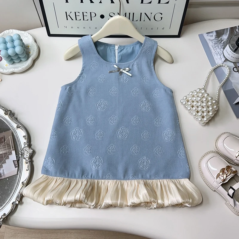Summer New Girls Dress Solid Color Jacquard Printing Sleeveless Princess Dress For 2 3 4 5 6 8 Years Girls Stylish French Dress