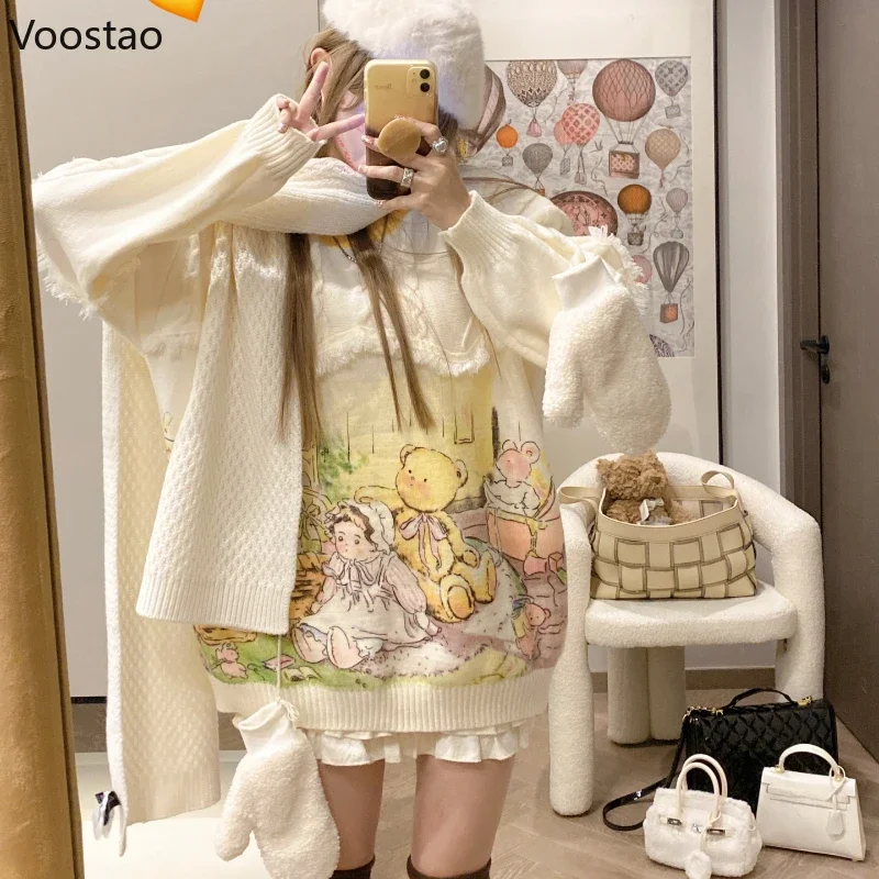 Sweet Knitted Pullovers Autumn Winter Women Kawaii Cartoon Print Tassels Sweater Coat Girls Cute Loose Knitwear Jumpers Tops