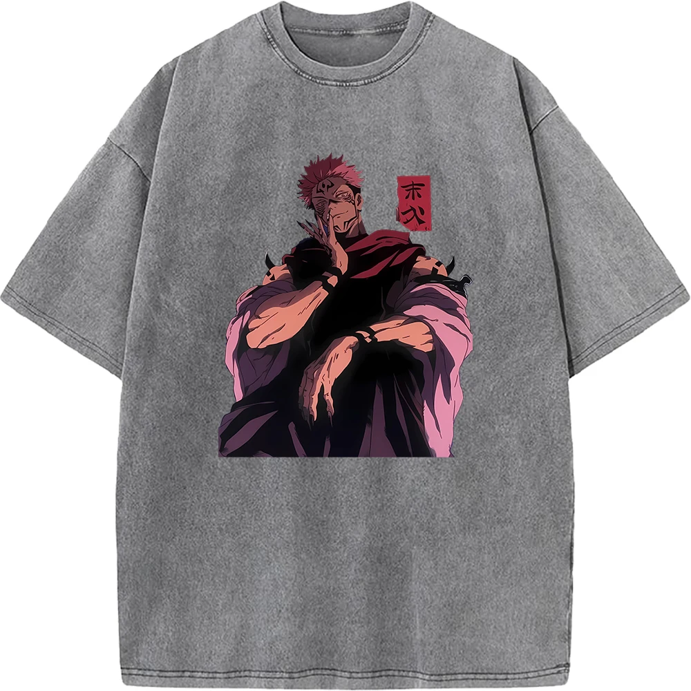 Vintage Washed Jujutsu Kaisen Ryomen Sukuna Itadori Cursed Energy Graphic Tee Unisex Oversized Anime  Short Sleeve T‑Shirt