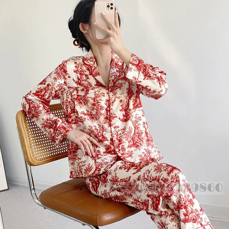 Female Pajamas Set Loungewear Red Print Flower Long Sleeve Trouser Suits Sleepwear Loose Satin 2PCS Shirt&pant Home Clothes