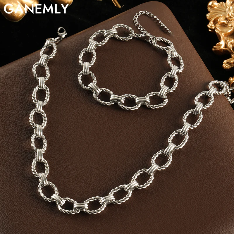 

GANEMLY 316L Stainless Steel Metal Chokers Necklace Bracelet Set For Women New Collar Chains Waterproof Jewelry Femme Gift