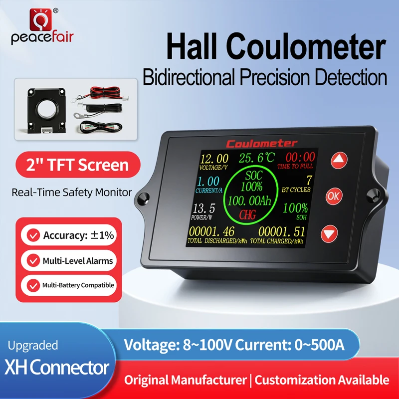 Peacefair PZEM-049 Universal Battery Monitor LCD Display Hall Sensor Coulomb Meter Electric Current Voltage Indicator 8-100V