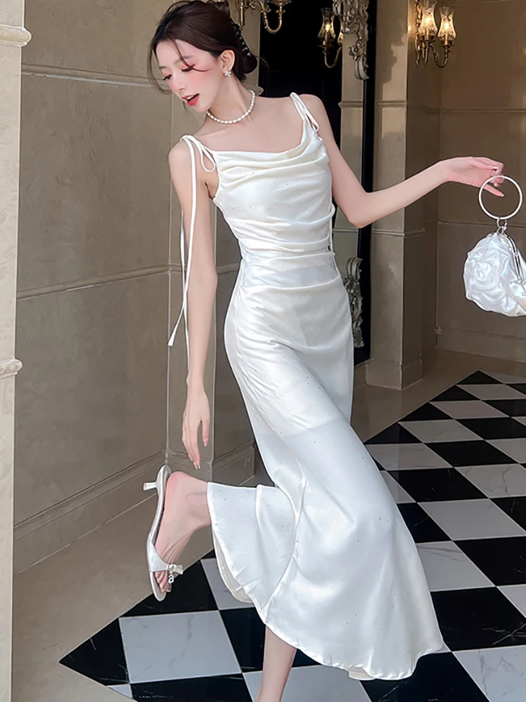 الصيف الأسود مشرق الحرير الساتان شيك القوس حبال مثير فستان طويل المرأة الكورية خمر فستان هيبورن 2025 أنيقة Bodycon فستان الحفلة الراقصة