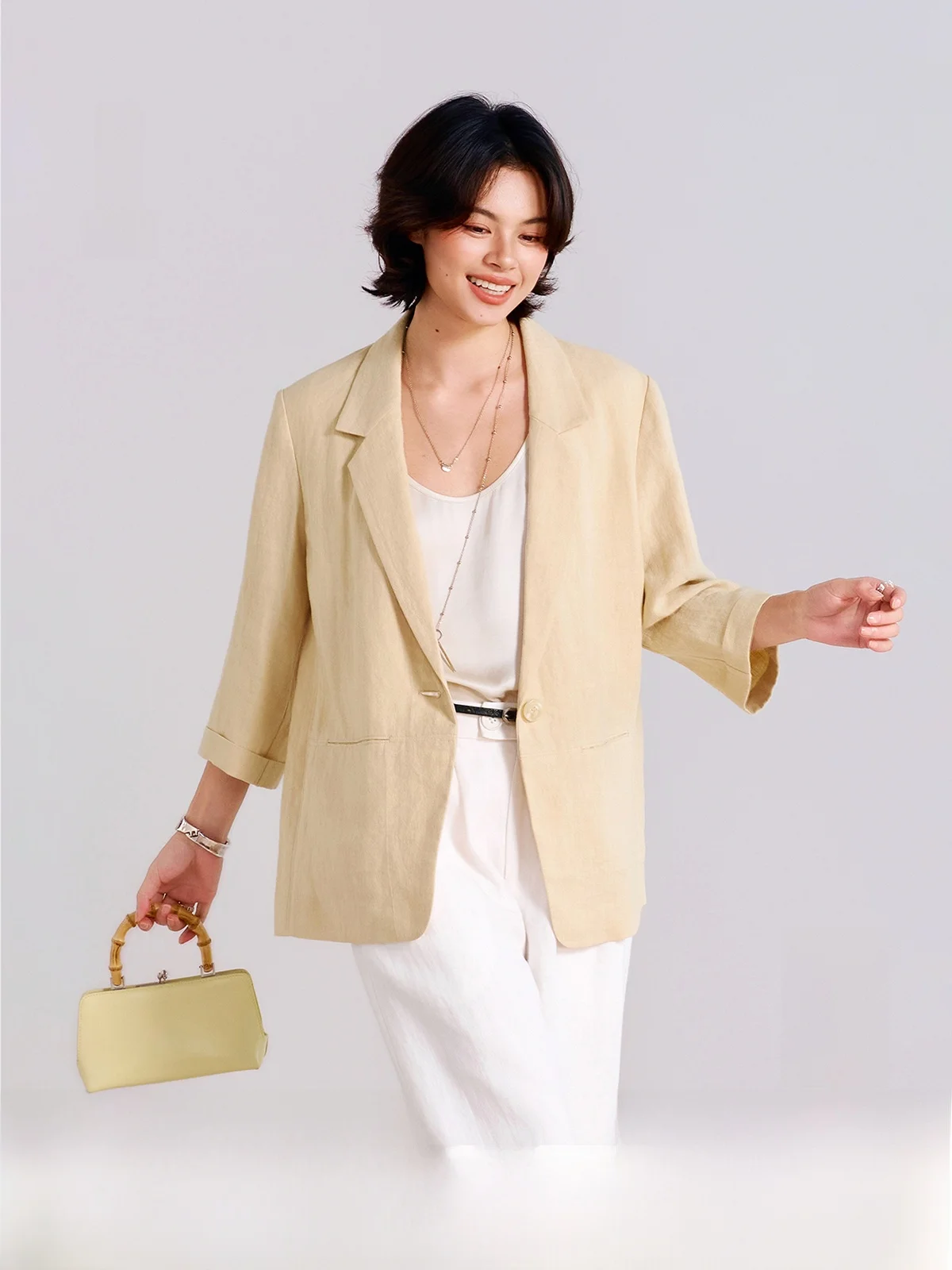 

Elegant Tailored Han Han Hemp Suit with Mid-Sleeves High Waist Pants Lightweight Sun Protection Commute Quality Two Colors Set