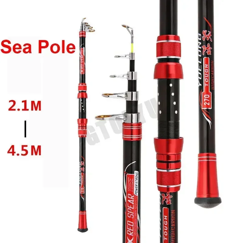 Portable Fishing Pole  2.1-4.5M Movable wheel seat Fishing Rod Tough Carbon Fiber Telescopic Travel Sea Boat Rock Fishing Rod