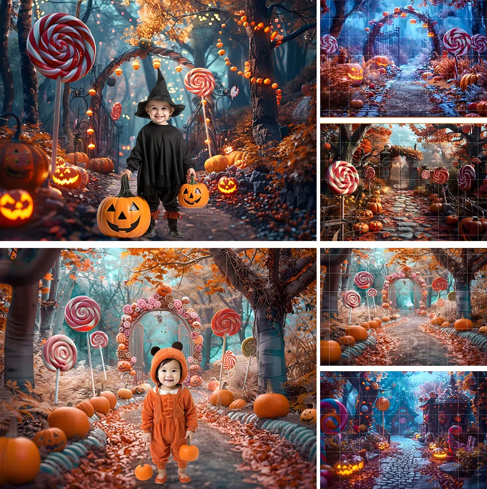 

Halloween Candyland Horror Castle Backdrop Circus Party Outdoor Background Skeleton Pumpkin Curtain Home Decor Photography Props