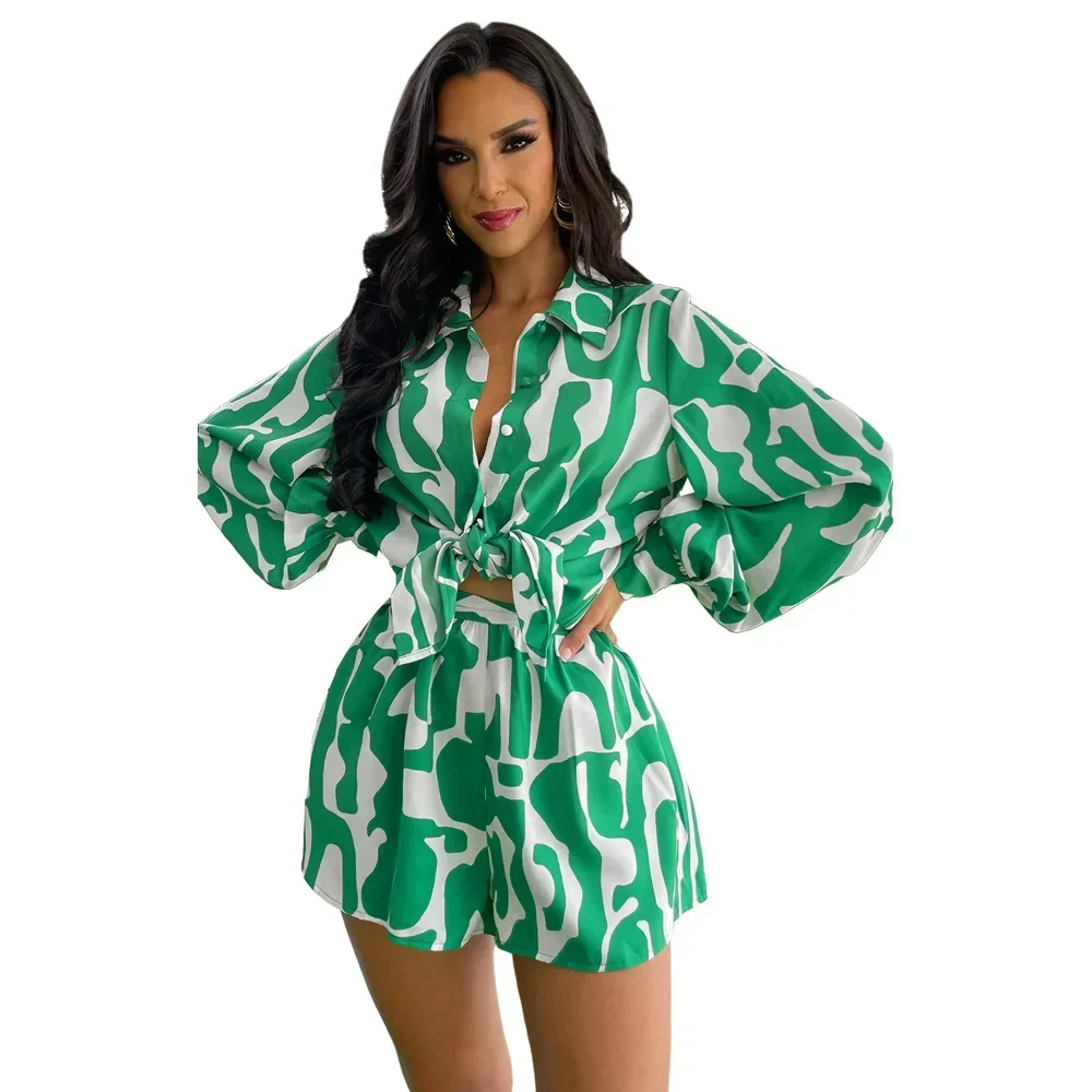 Women Two Piece Shorts Suits Chic Print Turn Down Collar Long Sleeve Single Breasted Shirts Loose Set Elegant Office Lady summer