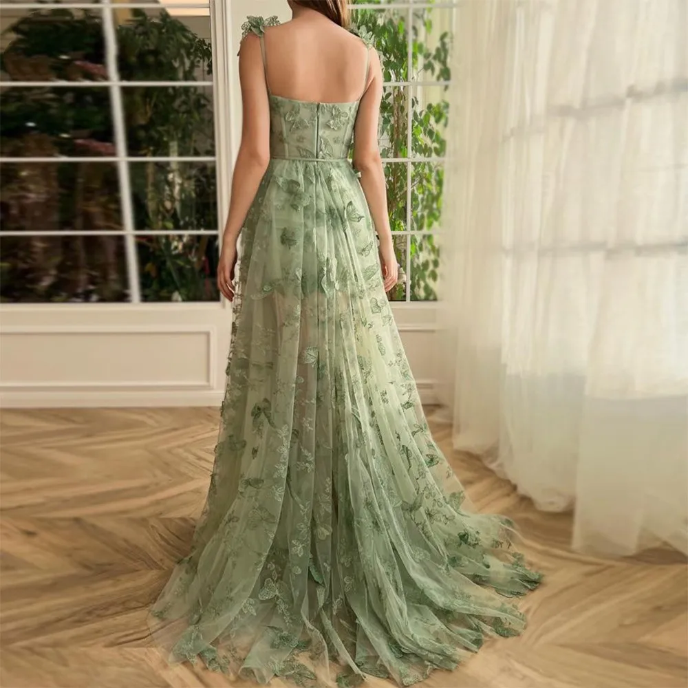 Vestido de noche de hadas con corte en A para mujer, de encaje 3D traje verde, escote Corazón, tirantes finos, corte en A, corte alto, 2023