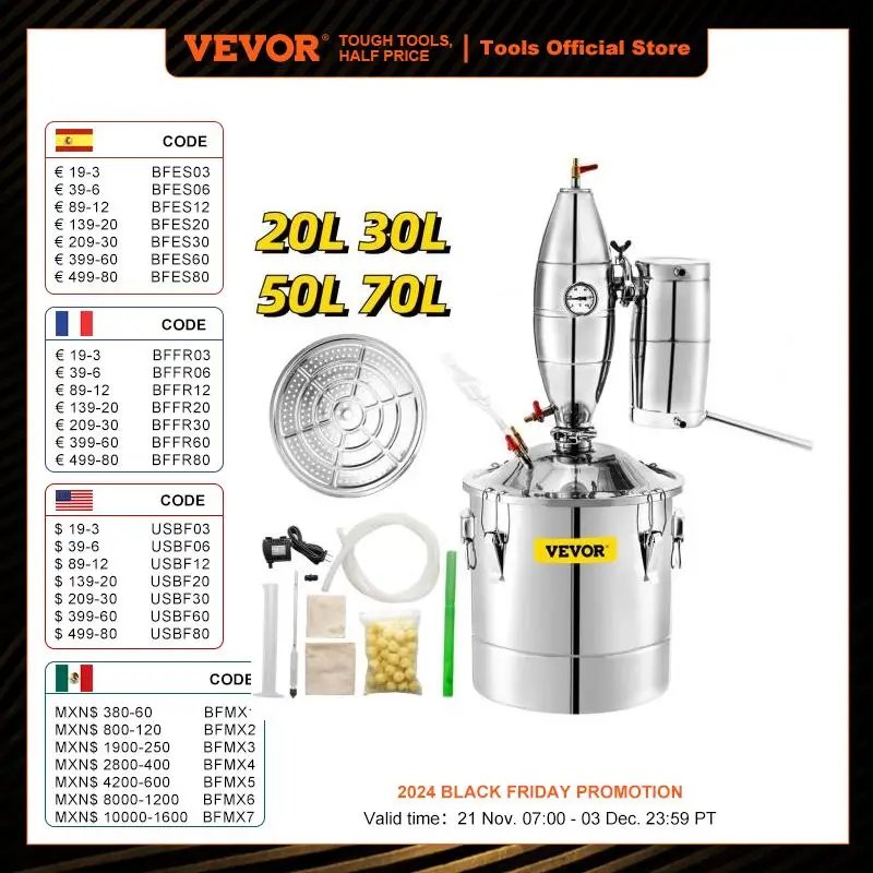 VEVOR 20L 30L 50L 70L Alcohol Distiller Machine Beer Brewing Equipment DIY Wine Moonshine Apparatus Dispenser Kit Home Appliance