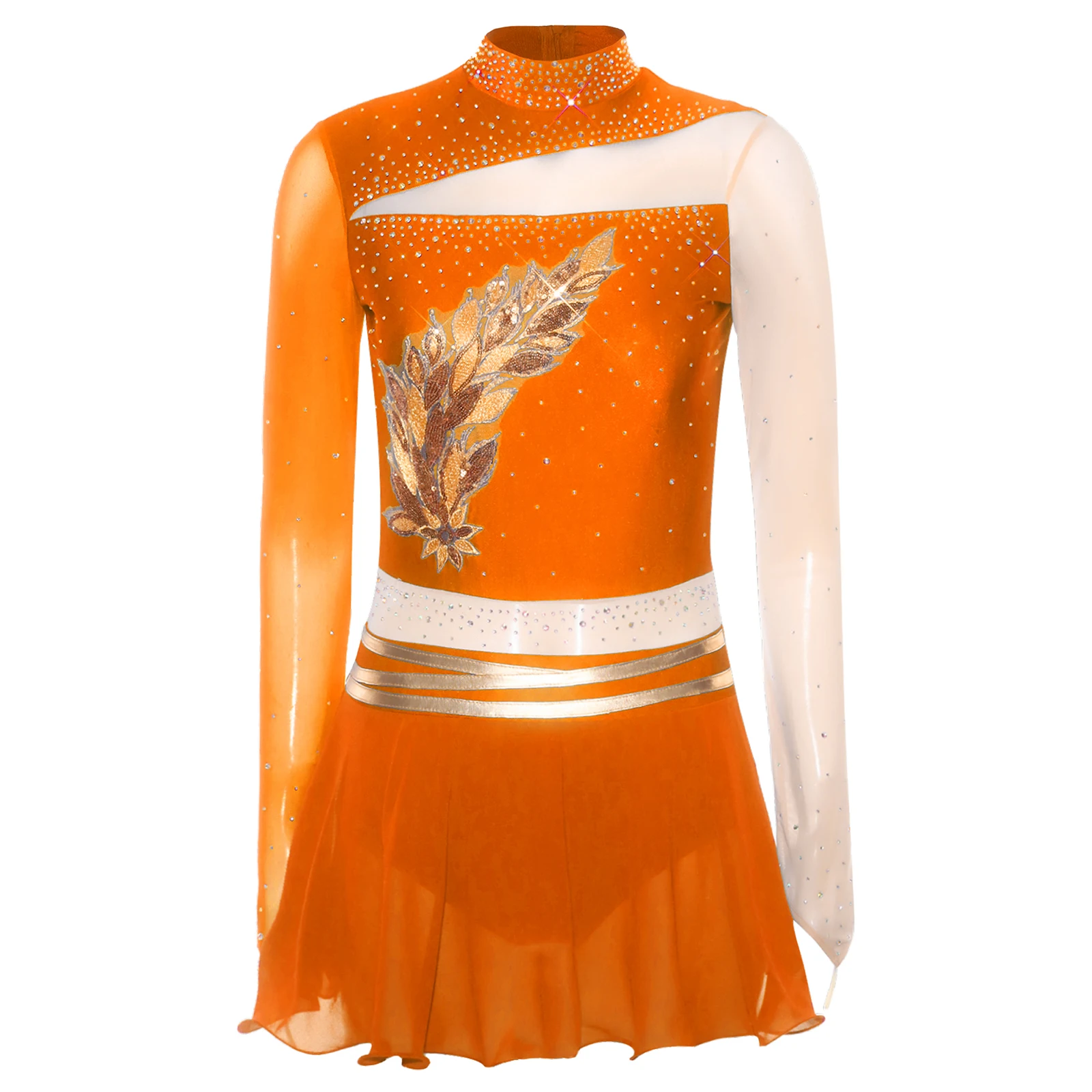 Vestido de baile de patinaje sobre hielo para mujer, apliques bordados, diamantes de imitación brillantes, manga larga, leotardo de gimnasia y Ballet, Ropa de baile tutú