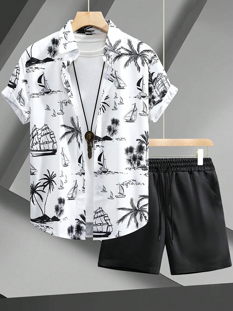 Hawaiian Coconut Tree Print Men's Shirt Summer Short Sleeve Tops Beach Shorts 2 Piece Sets Casual Vacation Style Outfit Clothing