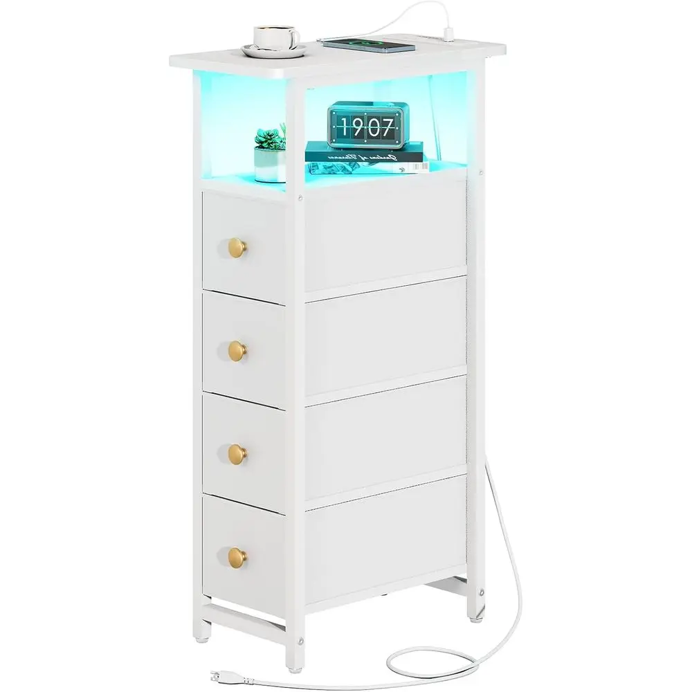 

White Slim Nightstand with Charging Station - Storage Cabinet for Small Spaces, Ideal for Bedroom or Living Room