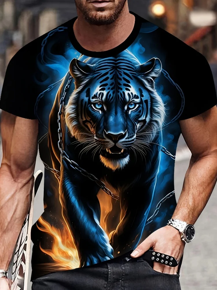 2025 Fashion Tiger Print Men's T-Shirt Summer Crew Neck Outdoor Street Short Sleeve Tee Casual Oversized T-Shirt Clothing Tops