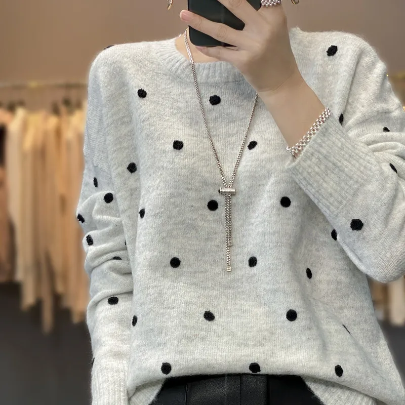 European station 2022 new goods puffed sleeve wool sweater women polka dot round neck Cashmere pullover long sleeve top trend