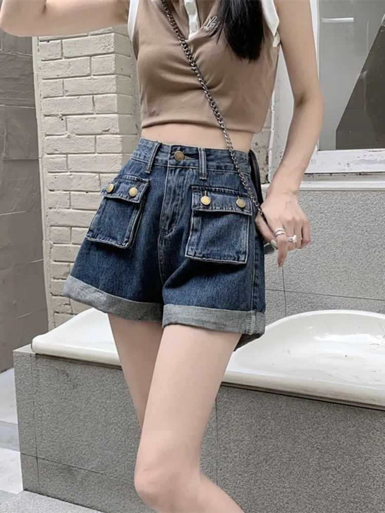High Waist Double Pocket Pants Shorts Women's Loose Wide Leg Retro Summer Fashion Design Sensation Hot Shorts Trendy