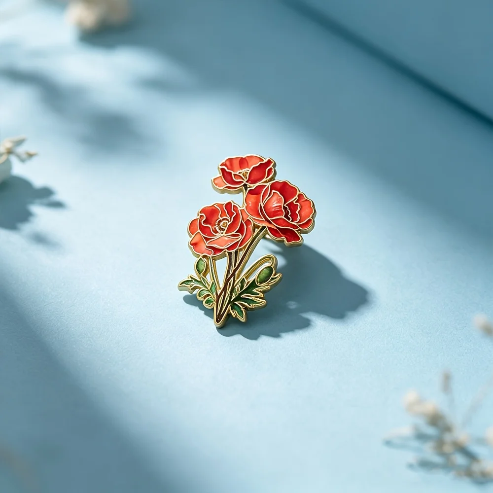 Vintage Red Poppy Flower Enamel Pin, Gold Trim Floral Brooch, Elegant Botanical Metal Badge for Jackets, Backpacks & Hats