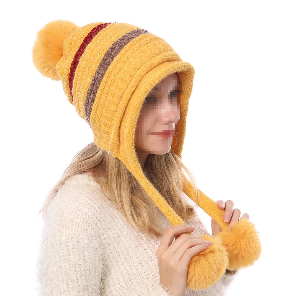 Gorro de Invierno de Lana Tejida para Mujer, Color Amarillo, Cálido, para Esquí, con Tres Pompones, para Adultos, Gorro Tejido para Mujer para Actividades al Aire Libre