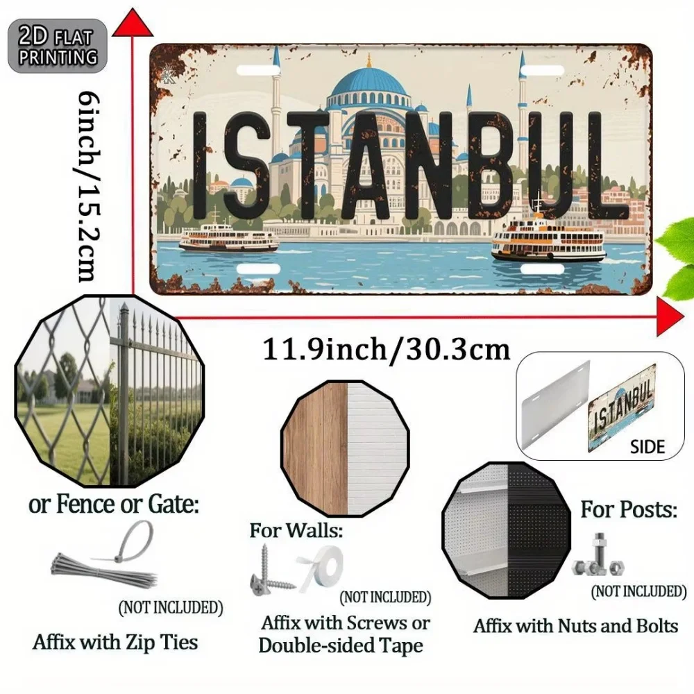 2D Flat Metal Tin License Plate Sign, Istanbul Turkey Blue Mosque & Bosphorus Ferry, Cross-Continental Travel Themed Wall Decor