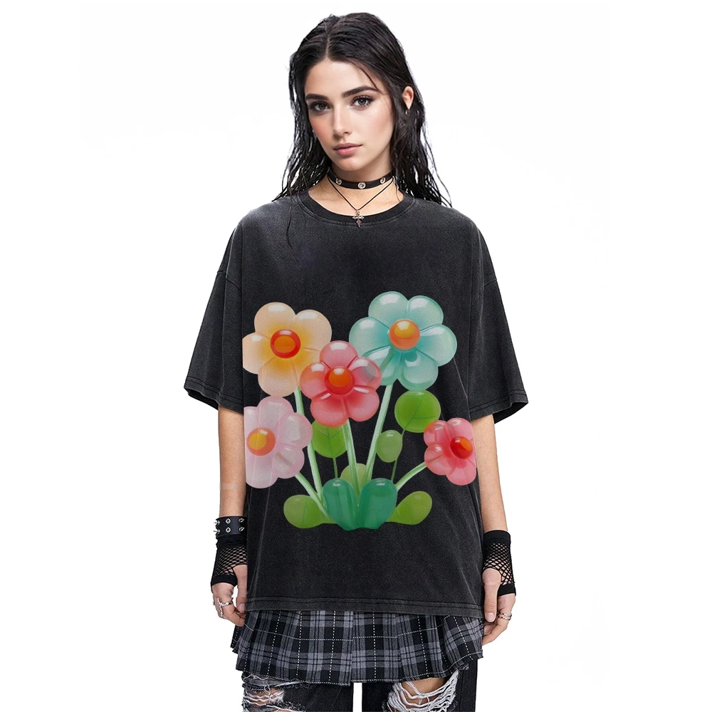 

Graphic Washed T-shirts Colorful Flower T-shirt All Cotton High Quality Oversize Vibrant Flower Bunch Girly Y2K Trend Clothing