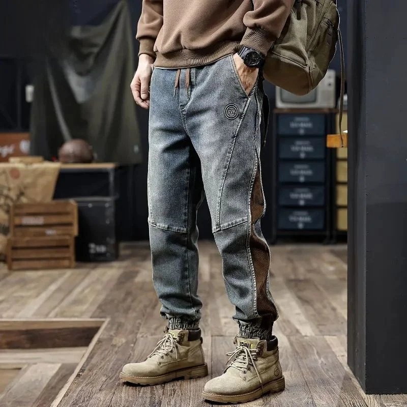 

Retro American Spliced Denim Jeans Men's Loose Casual Pants Autumn New Sle Loose Leggings Workwear Casual Cotton Polyester
