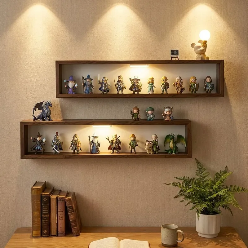 Multi Layer Wooden Wall Mounted Figure Display Stand Storage Box with LED Light Strip for Living Room Background Wall Decor