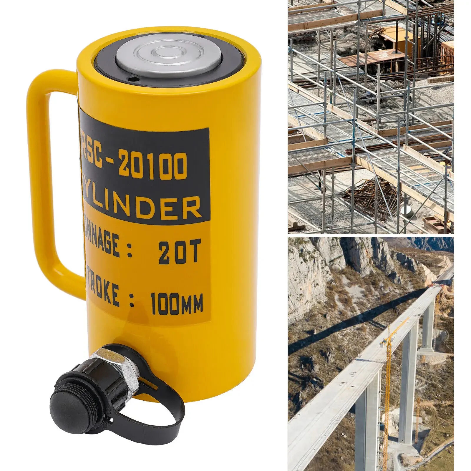 

20T Hydraulic Lifting Cylinder – 44092lbs Capacity, 100mm/4" Yellow Jack for Heavy Loads