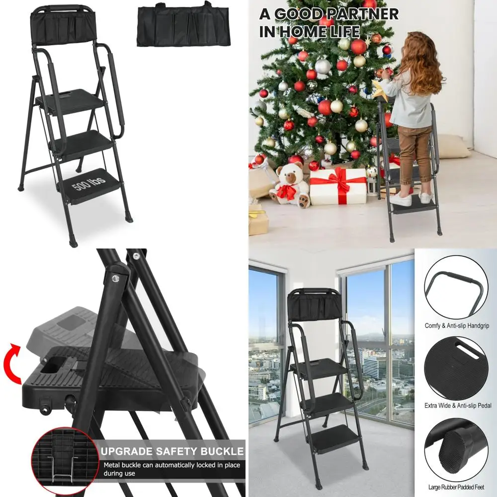 

Folding Step Ladder with Handrails and Attachable Tool Bag, 500 lbs Capacity, Wide Non-Slip Pedals for Kitchen Pantry Heights