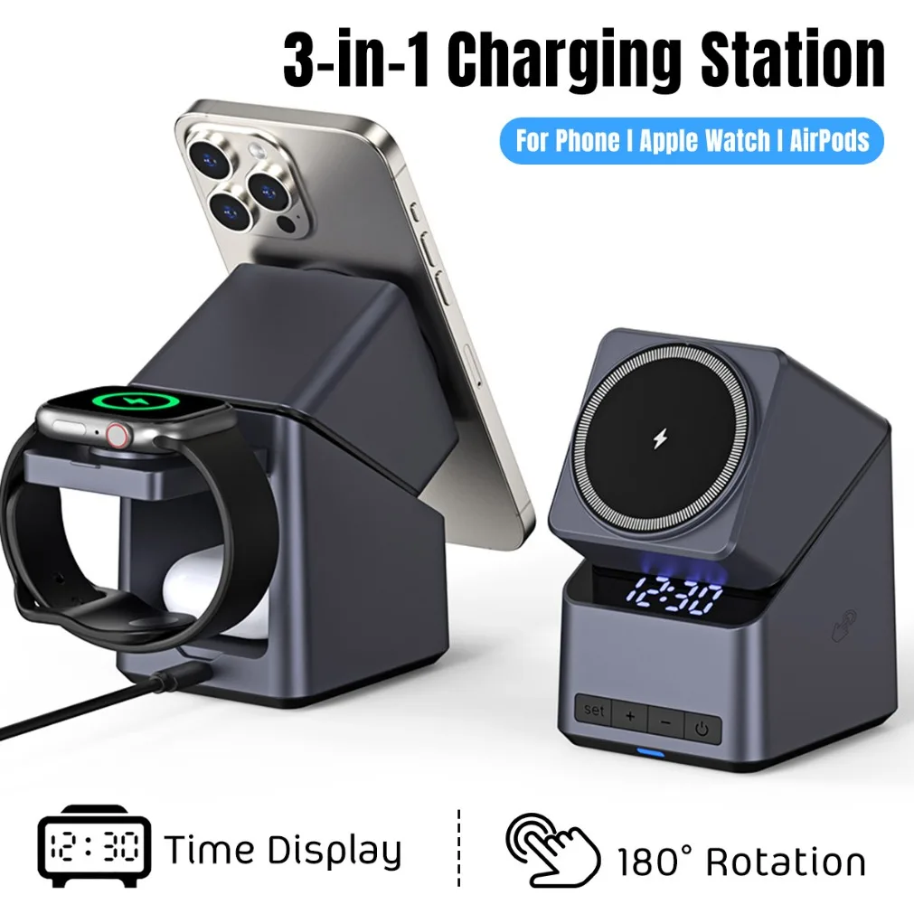 

Desktop Clock Magnetic Wireless Charger 4-IN-1 Fast Charging Dock For iPhone 16 15 14 13 12 Apple Watch 10/9/8/7/6/5 AirPods Pro