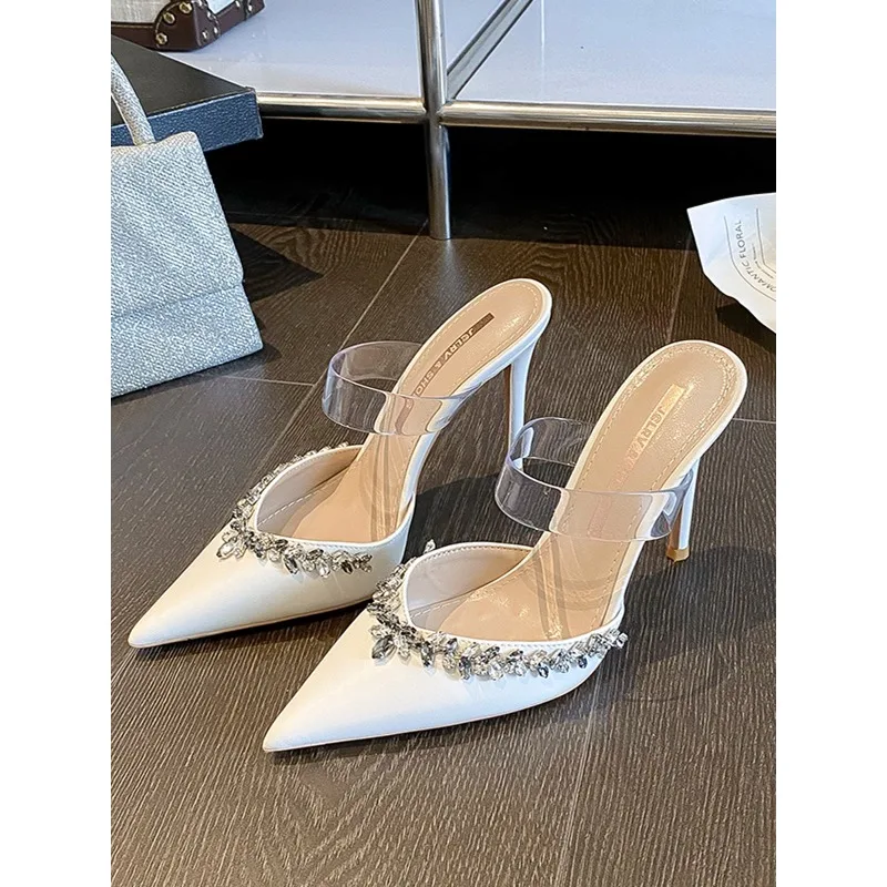 

New niche design, temperament, transparent white sandals, women's slim heels, pointed slippers, toe caps, rhinestone high heels