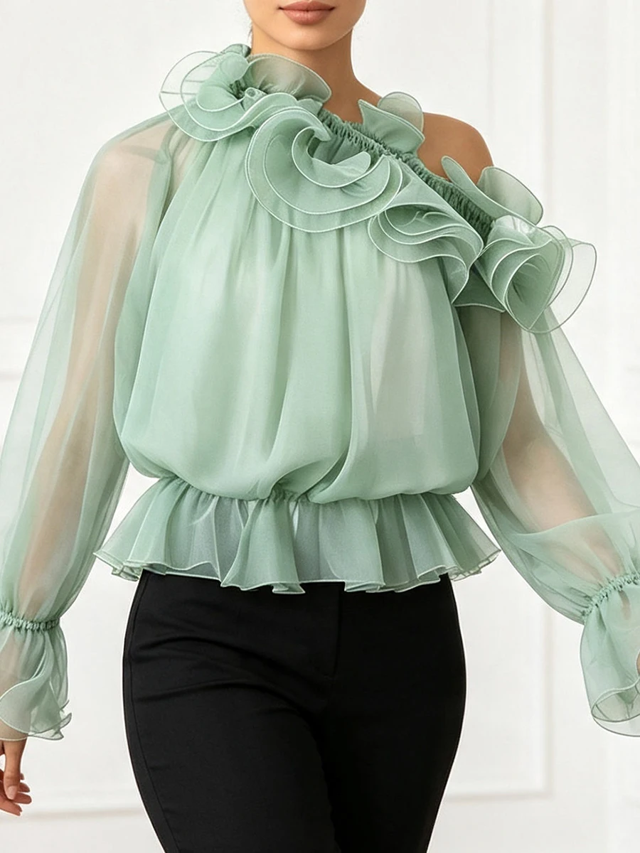 TWOTWINSTYLE 3D Flower Spliced Sheer Loose Blouse for Women Diagonal Neck Long Sleeve Patchwork Mesh Casual Blouses Female New