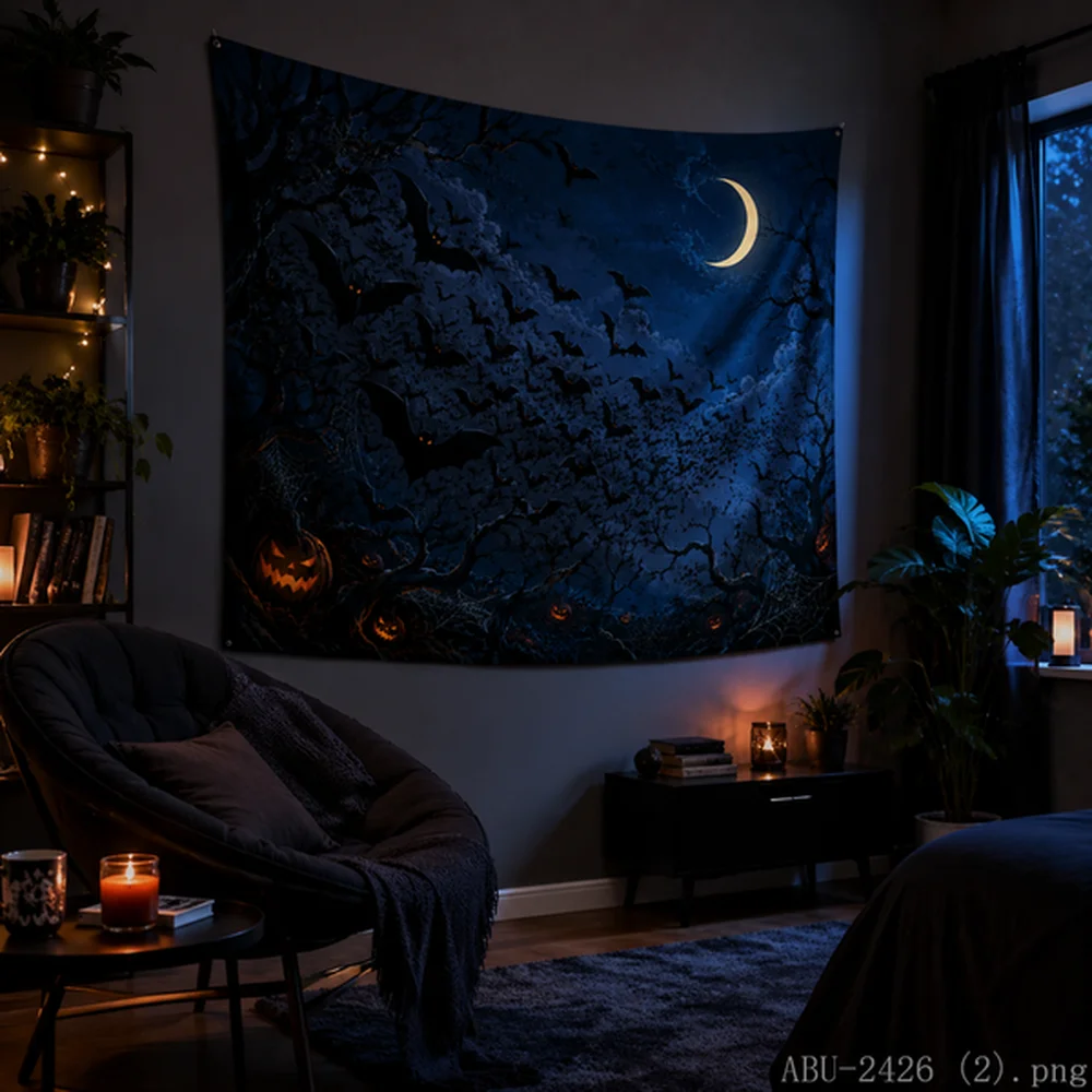 VIKAMA Gothic Halloween Tapestry Giant Moon Bats Eerie Night Creepy Tree Decor